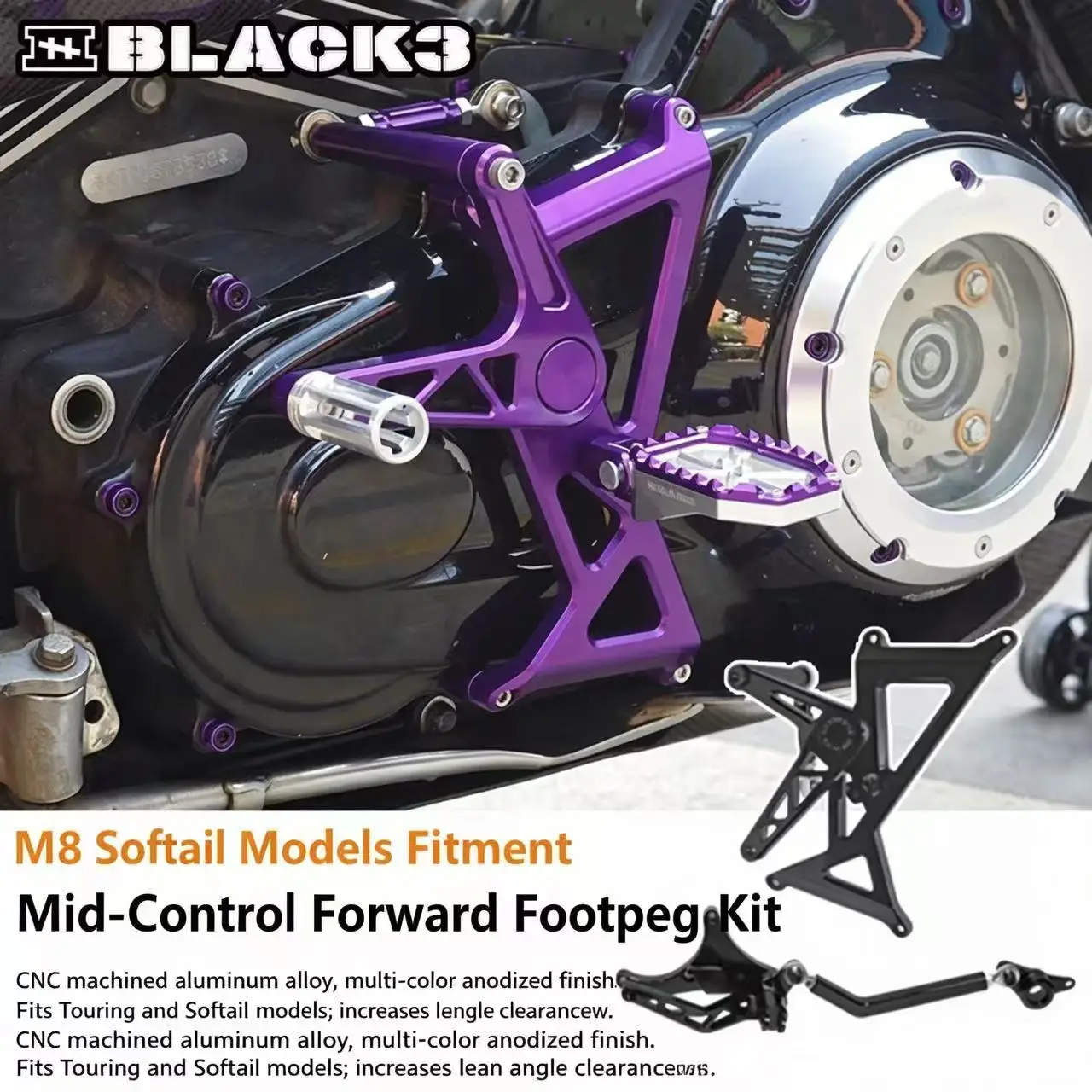 Black3 DS Style Mid Foot Pegs For Harley Low Rider S Low Rider ST Street Bob Breakout Motorcycle Mid Controls Footrest Mod