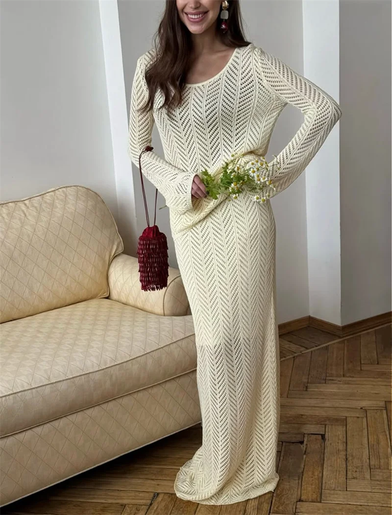 2PCS Women's Long Sleeve Cotton Knitted Top Blouse And Skirts Sexy Swimwear Beach Dress Crochet Bikini Cover-Up Boho Outfits