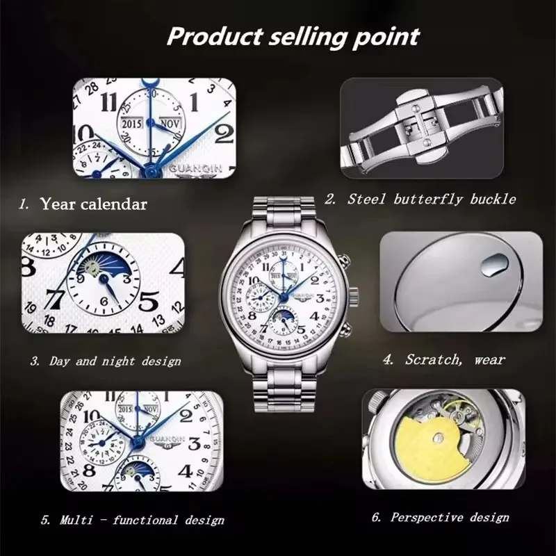 GUANQIN 2024 Men Watches Top Brand Luxury Mechanical Automatic Stainless Steel Waterproof Moon Watch Sapphire Wristwatch Clock