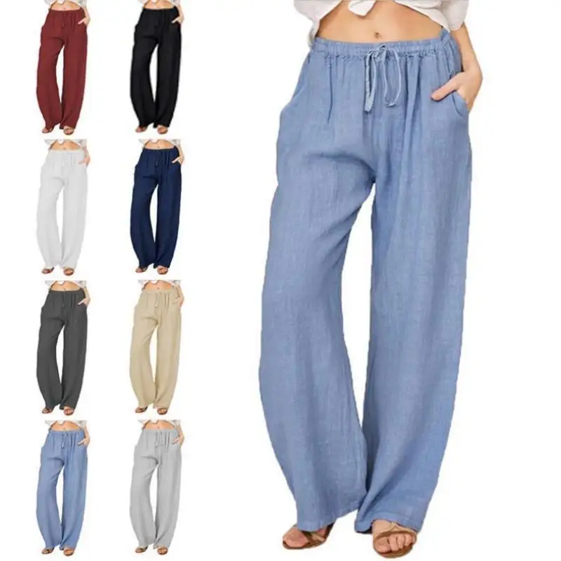 Women Casual Summer Pants Solid Loose Breathable Sports Wide Leg Pant Elastic Waist Drawstring Elegant Ladies Baggy Trousers