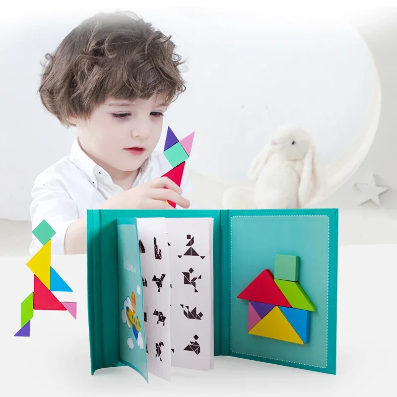 Gorące magnetyczne puzzle 3D kształty geometryczne Tangram tablica dla dzieci gry Montessori dla dzieci edukacyjne drewniane zabawki — zdjęcie 2