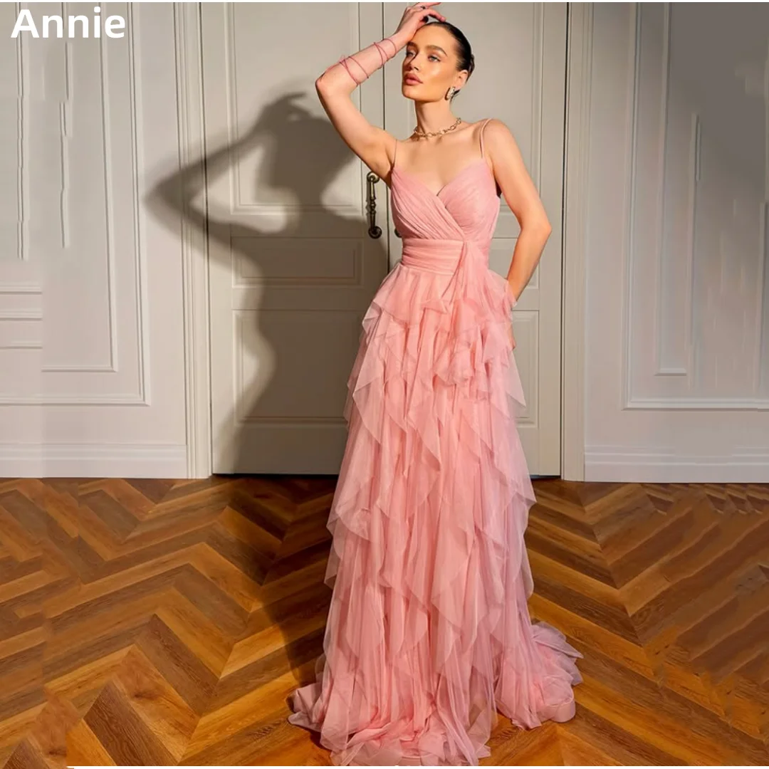 

Annie Spaghetti Strap Pink Prom Dresses Handmade Tulle Multi-layer Evening DressesElegant Lady Party Dresses فساتين سهرة