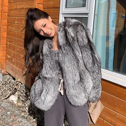 Real  Natural Silver Fox Fur Coat Highend Quality Genuine  Women Winter Luxury Female Jacket Long Sleeve