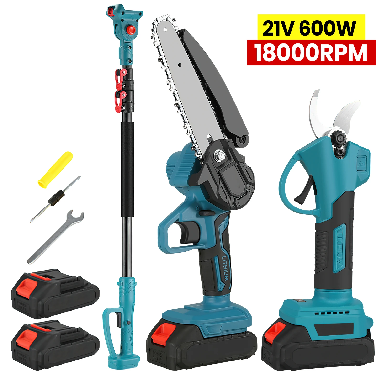 21V Akku-Teleskopsäge 6" Elektrische Kettensäge 600W 18000 U/min 2-in-1 Garten-Baumtrimmer mit 2 Batterien
