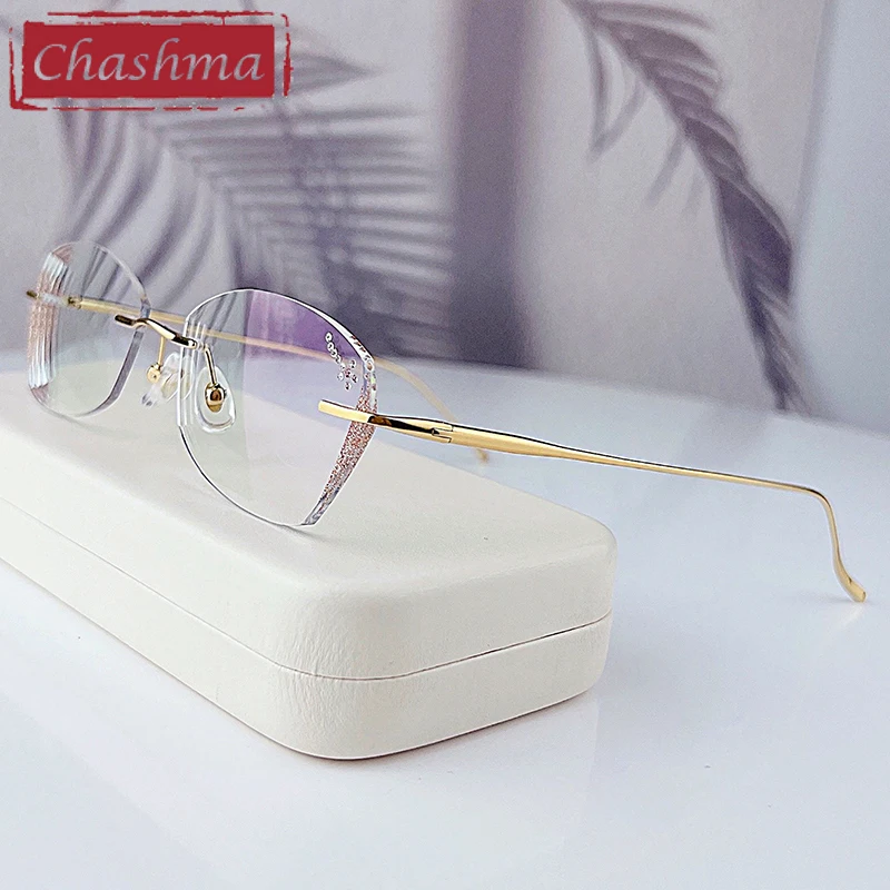 

Chashma Prescription Glasses Women Eyeglasses Frames Fashion Diamond Trimmed Titanium Rimless Eyewear for Recipe Eyewear Lenses