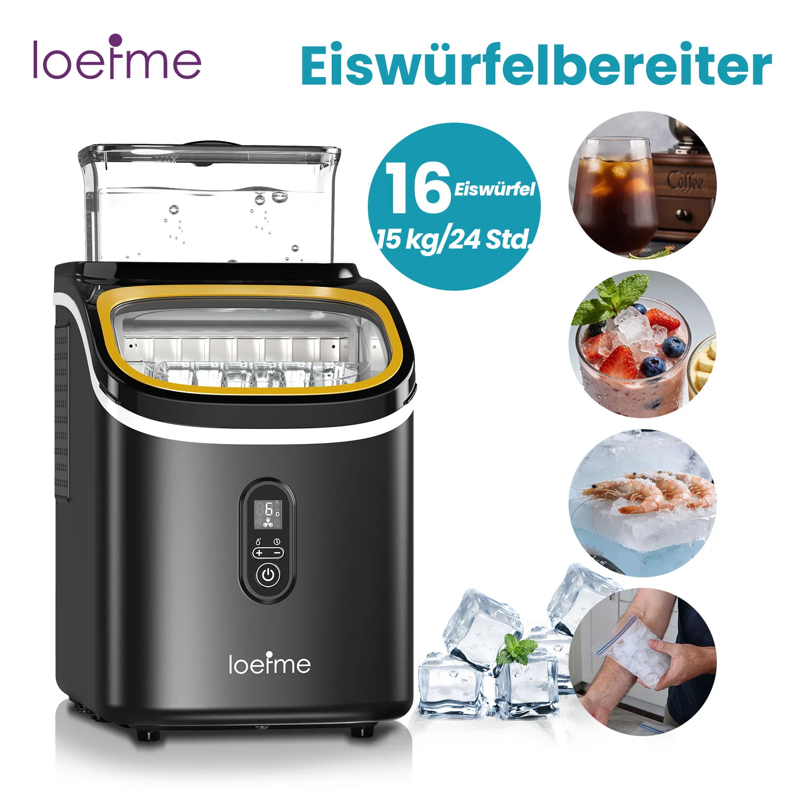 LOEFME IJsblokjesmachine 15kg/24u 16 IJsblokjes in 6-20 Min Digitaal Display Timer 1,5L Waterreservoir met Instelbare Ijsdikte - afbeelding 2