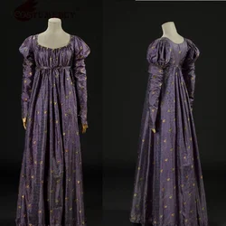 CostumeBuy Regency Empire Dress Jane Austen Vintage Dress High Waistline Tea Party Dress Gown Purple Floral Puffy Sleeve Dress