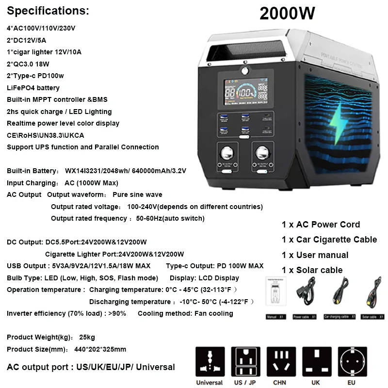 2000W, 2048Wh, 640000mAh, Lifepo4 Battery, For Outdoor Camping Power Station, Pure sine Wave