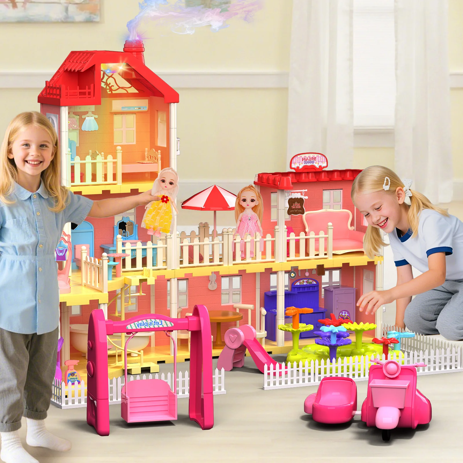 

Набор кукольного домика, включая 5-местные мебельные аксессуары для комнат, кукольный домик, игровой домик, розовый DIY, сборный дом, детская игрушка