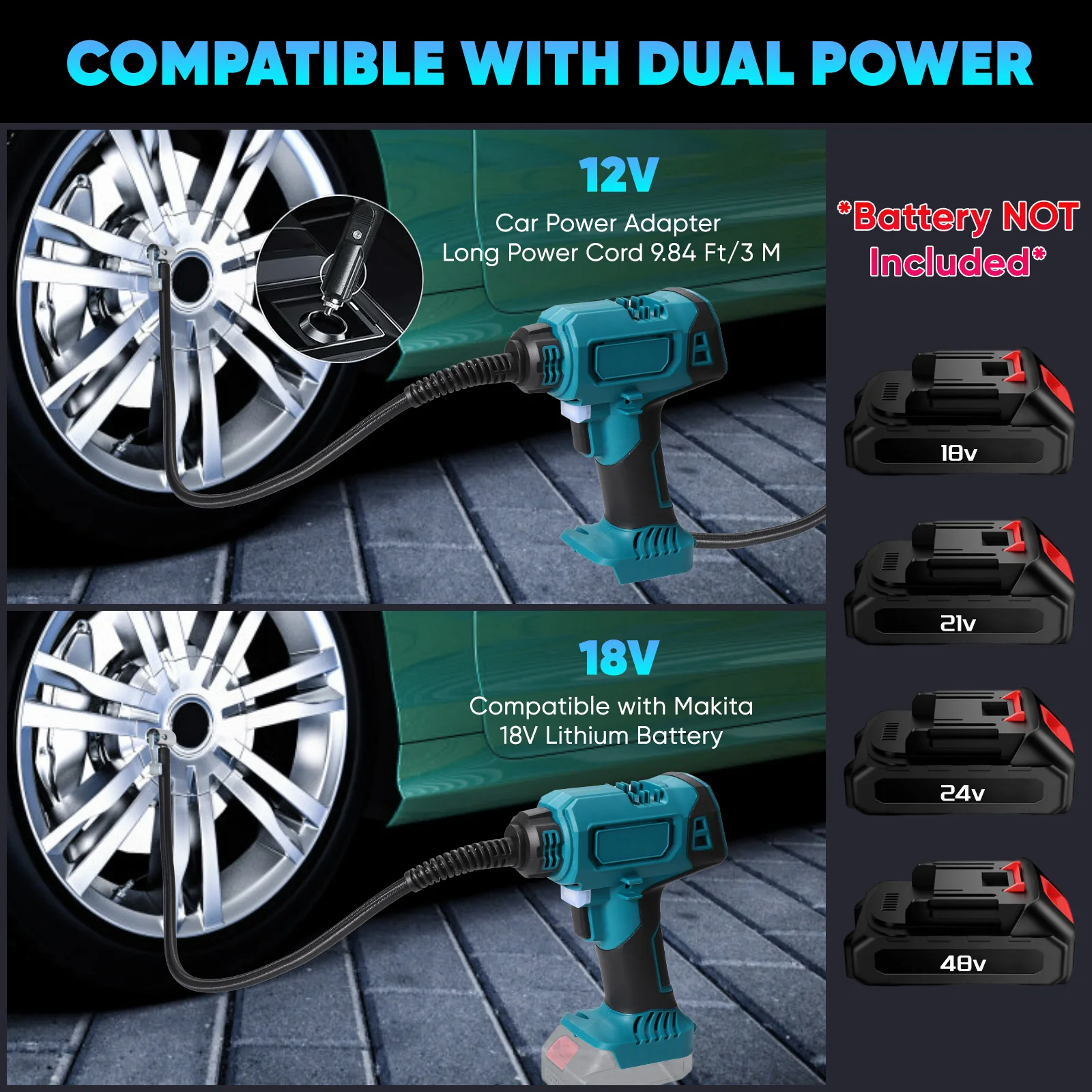مضخة هواء كهربائية لاسلكية قابلة لإعادة الشحن لإطارات السيارة منفاخ تلقائي محمول ضاغط هواء منزلي لبطارية ماكيتا 18 فولت #3