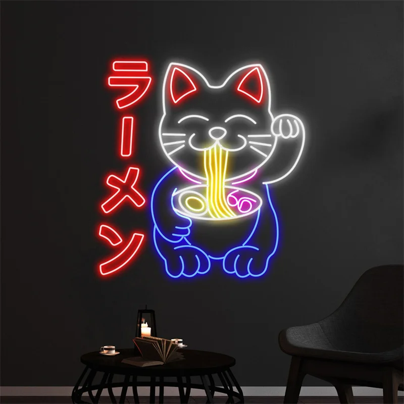 Cat Eating Ramen Neon Sign, Fortune Cat Eats Noodle Led Light, Japanese Cat Ramen Neon Light, Japan Ramen Noodles Cat Led