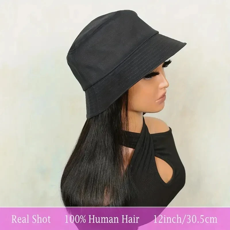 Yyong Hat Wig Straight Hair Bob 100% Human Hair Wigs For Woman Fisherman Hat Extension Affordable Hair Silky Machine Made Wig