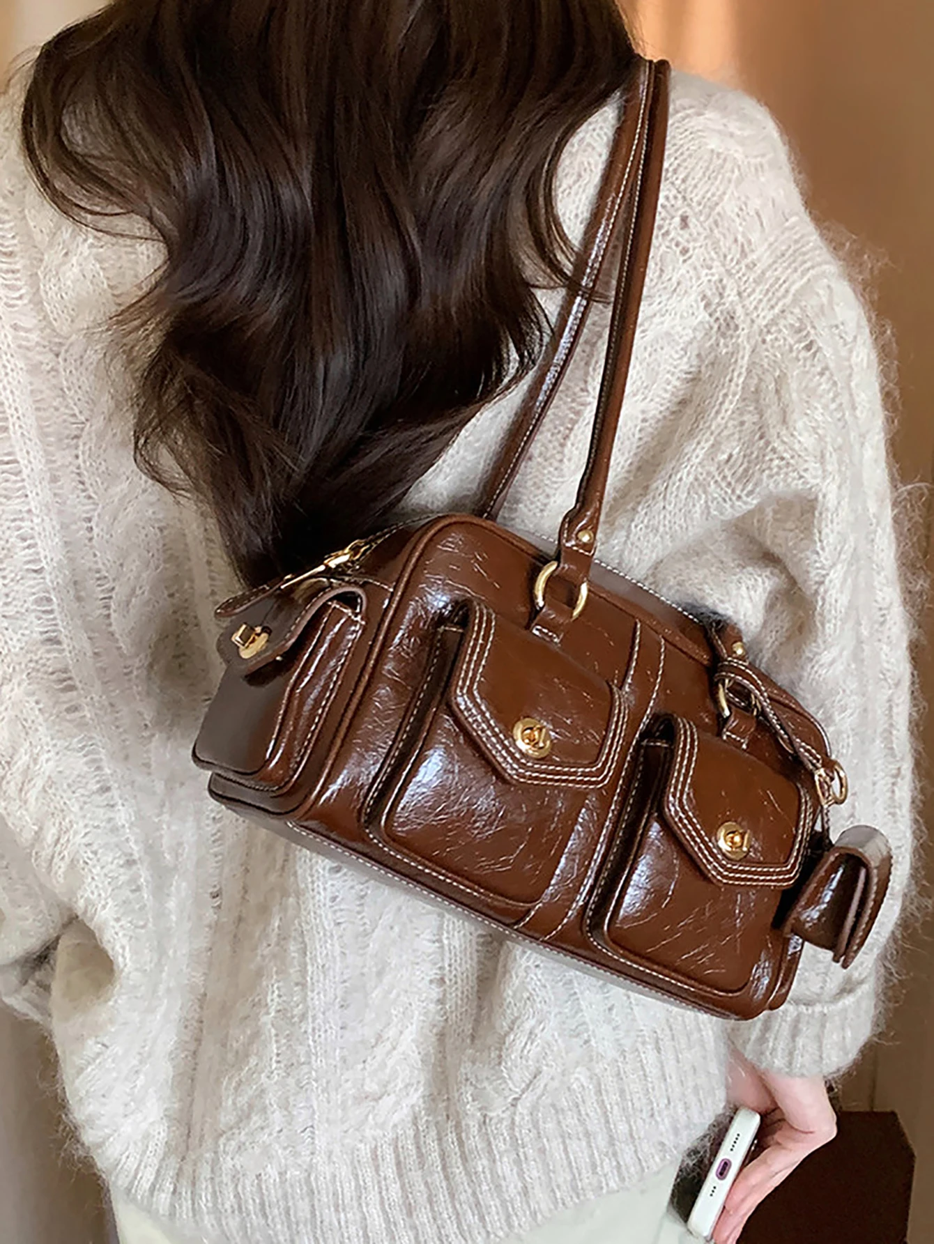 

Y2K Style Versatile Commuter Shoulder Bag for Women, PU Leather Underarm Boston Bag, Casual Outing Retro New Handbag