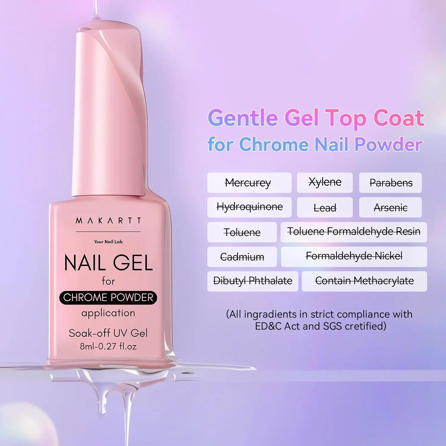 Makartt No Wipe Gel Top Coat for Chrome Nail Powder - Clear High Gloss Mirror Shine Top Coat Gel Nail Polish, Long Lasting Soak