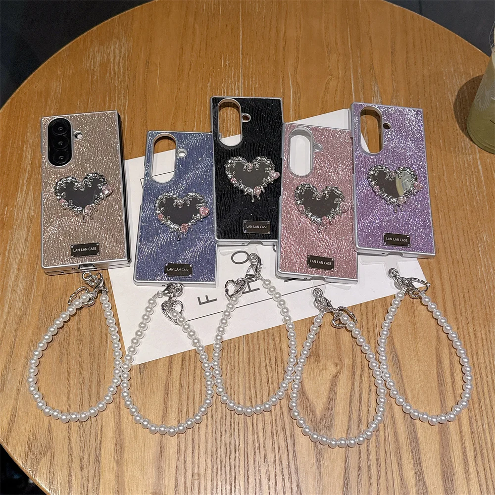Fashion Water Ripple With heart Mirror Phone case for Samsung Galaxy Z Fold 8 7 Fold 6 Fold 5 6 7 8 Ultra Fold7 Cover With Chain