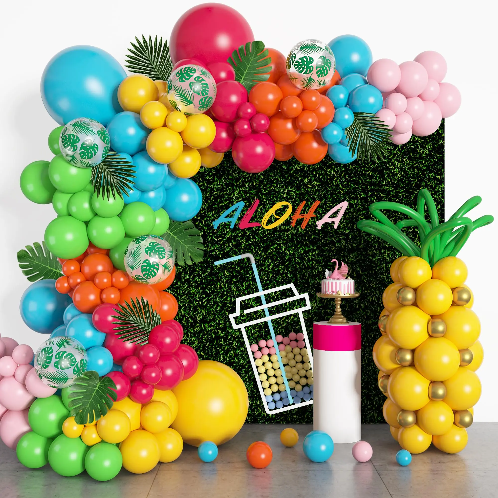 165Pcs Tropical Balloon Arch Garland Kit Hawaiian Luau Aloha Summer Party Decorations Hot Pink Orange Yellow Blue Green Birthday