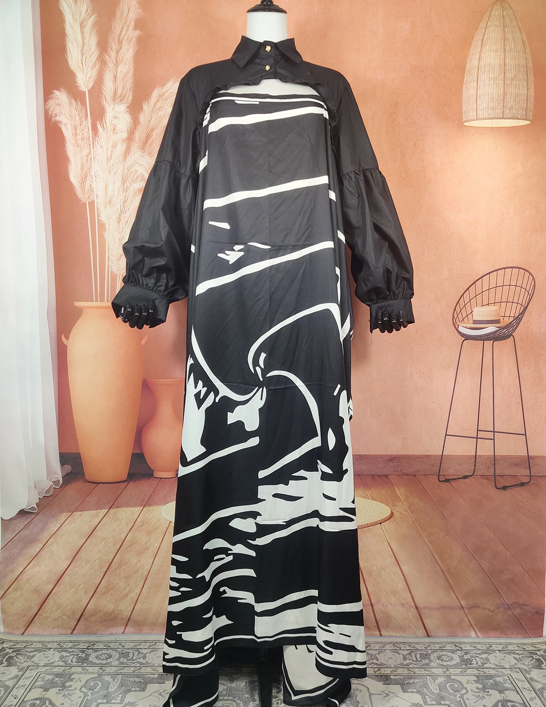 Sadui Arabic New Fashion Black Collar Bohemian Kaftan Dress For Women Free Size Elegant Long Sleeve Autumn African Outfit Gown