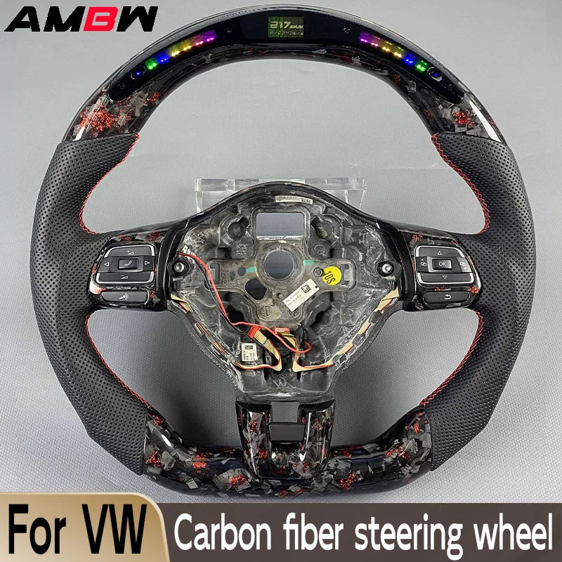 For VW Golf 6 MK6 GTI R Scirocco Polo 2008-2014 Carbon Fiber Steering Wheel Customized LED Display Black Perforated Leather