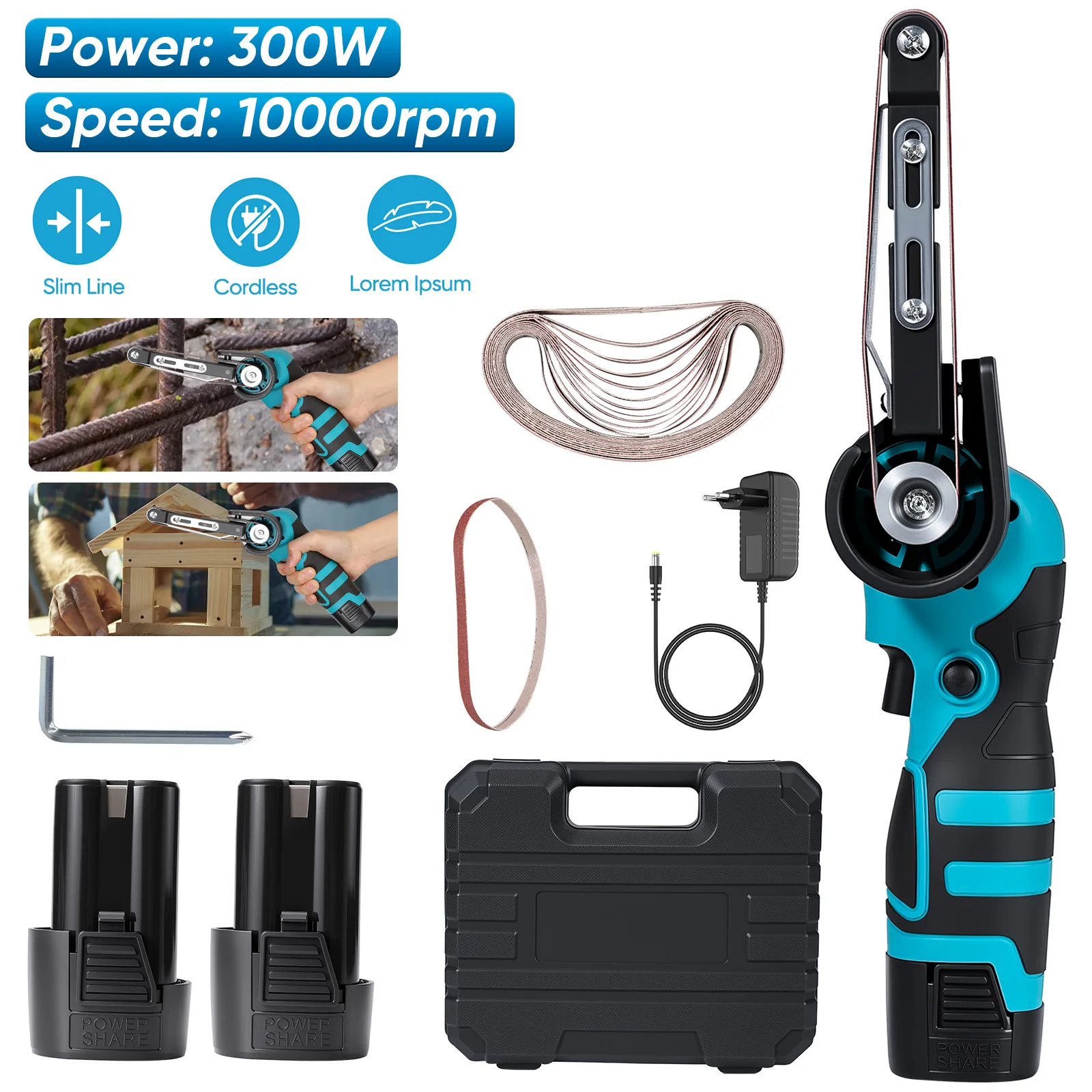 Levigatrice a Nastro a Batteria 300W 10000RPM, Lucidatrice a Nastro, Macchina per Smerigliatura, Adatta per Legno/Metallo e Superfici Curve