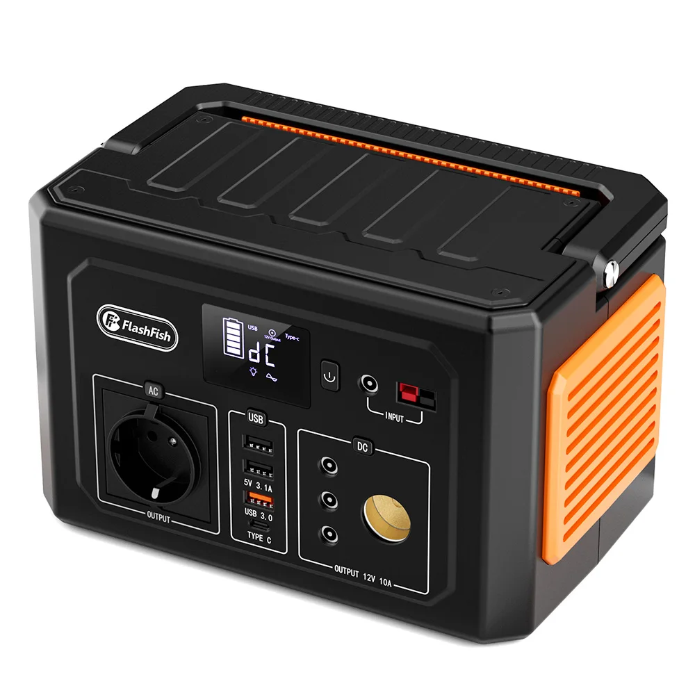 Station d'alimentation portable FlashFish K53, capacité de 400Wh, batterie lithium-ion de 109200mAh, sortie AC de 400W, 8 sorties, QC3.0 USB-A/USB-C, entrée DC 15V/4A, 3 méthodes de charge, lumière LED intégrée, générateur solaire.