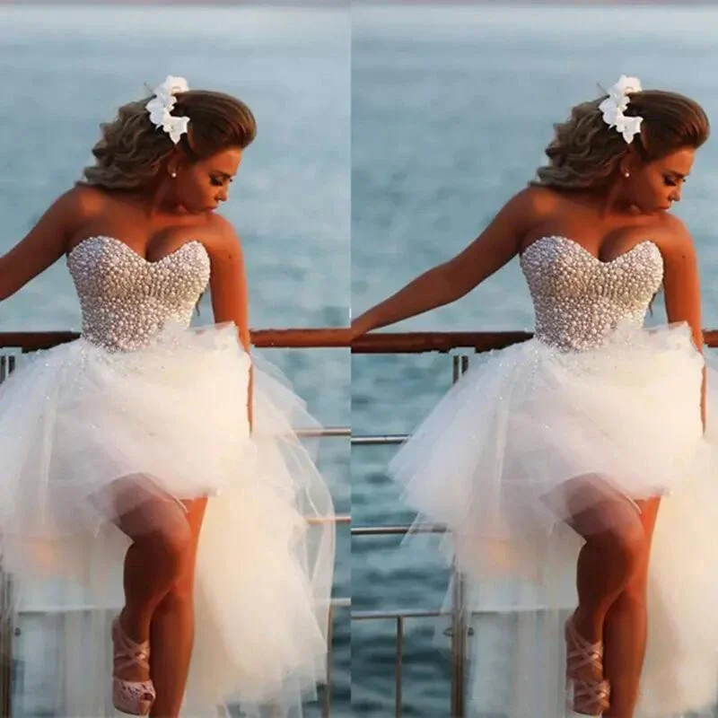 Customizd Vestido De Noiva unikalne perły Sweetheart tiul krótki przód długi tył suknia ślubna plaża kolano długość suknia ślubna — zdjęcie 2