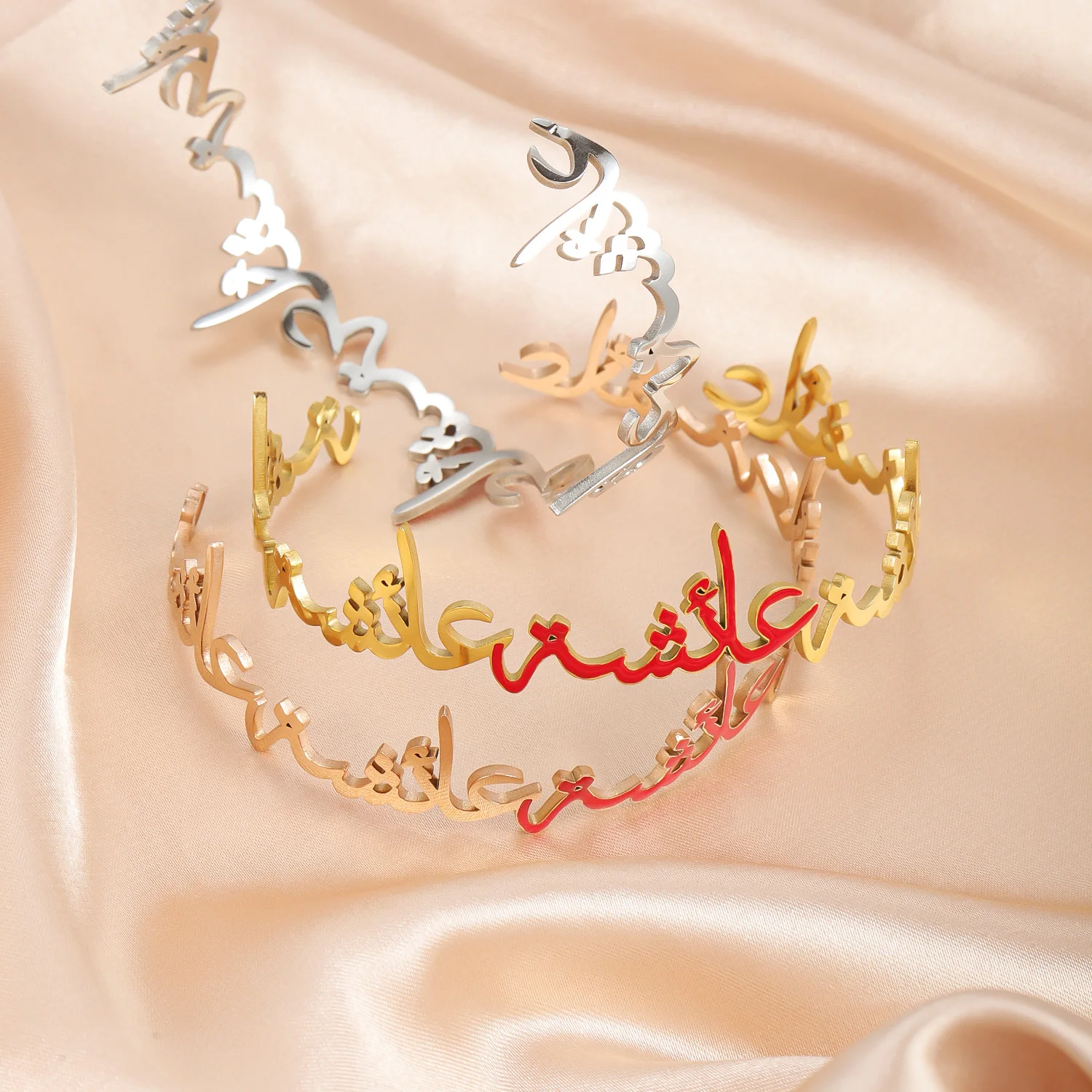 Customized Arabic Name Bracelet Personalization Enamel Bangle Adjustable Arabic Cycle Name Bracelet Islamic Gift for Women - view 3