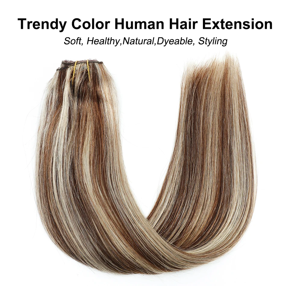 7Pcs Clip in Hair Extensions 100% Human Hair Straight Hairpiece Natural Hair Extensions Full Head Ombre Color For Women