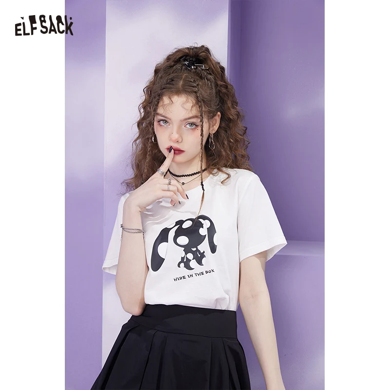 

ELFSACK Cute Short Sleeve T-Shirt with Rabbit Print, Casual Graphic Bunny Tee, Versatile White Summer Top for Women