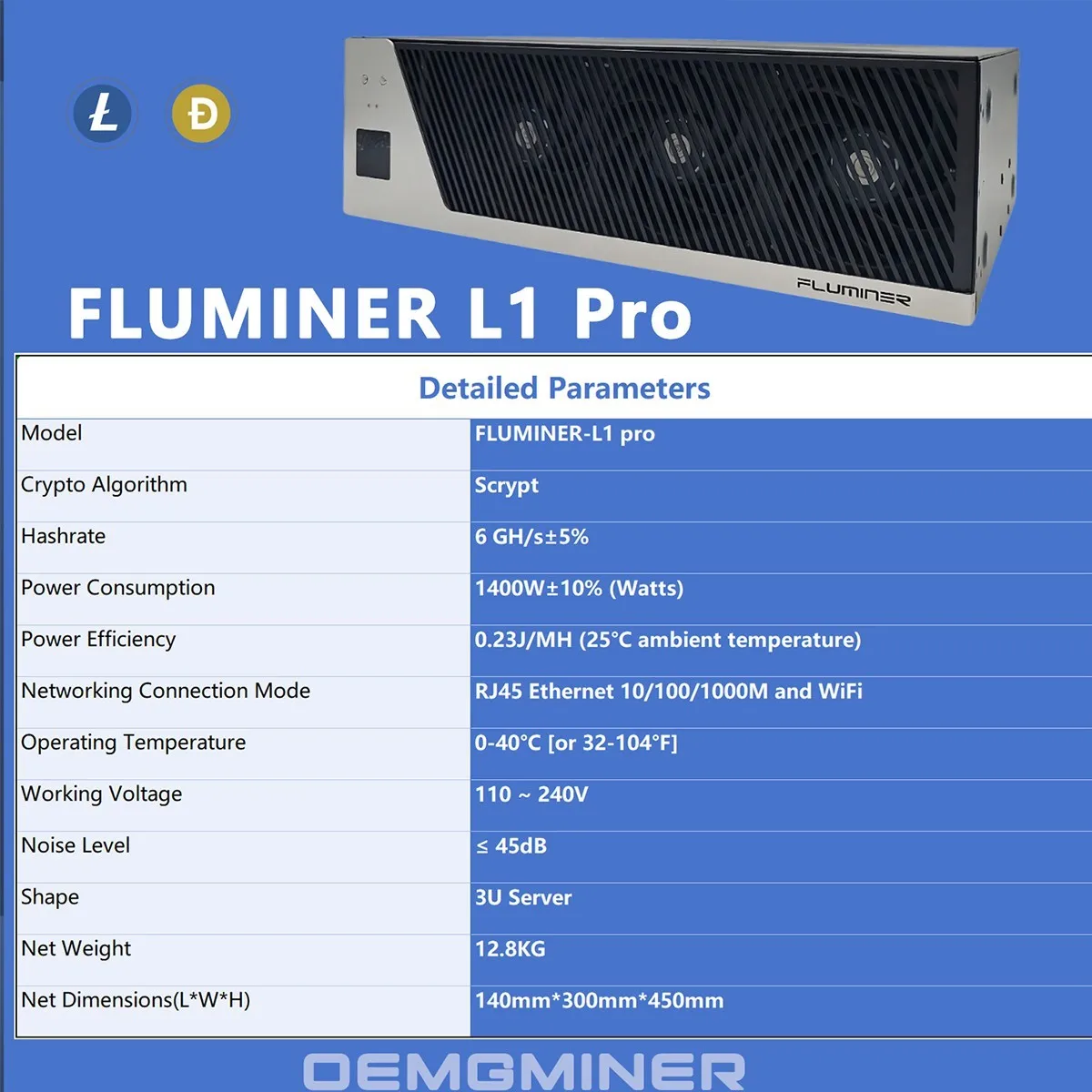 

HOT SALES BUY 2 GET 1 FREE Fluminer L1 Pro 6Gh/s DOGE LTC BEL Coin Miner 1400W 110-240V AC