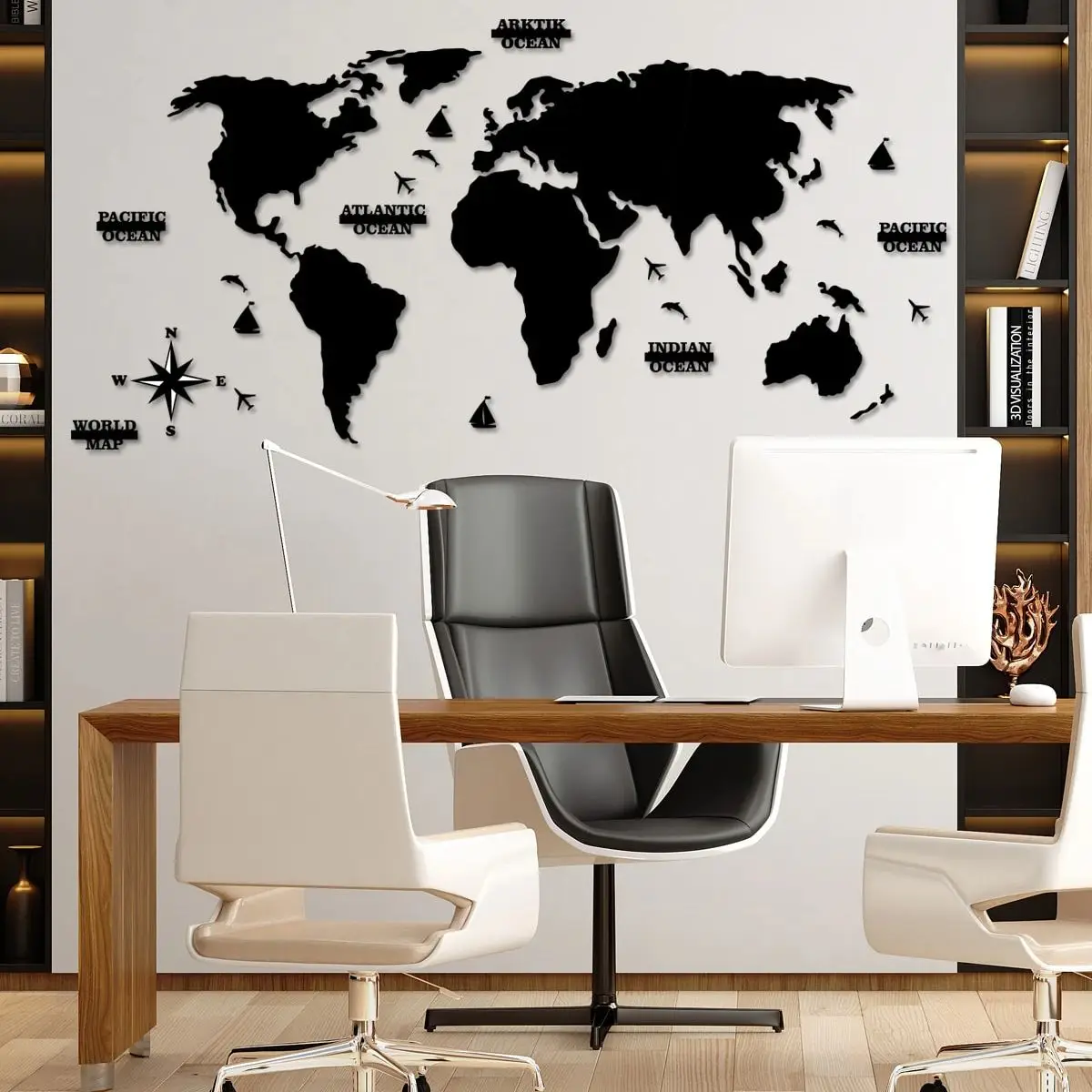 2D Decorative Wooden World Map Wall Decoration for Home Office Living Room Black World Map Wall Decoration and Accessory