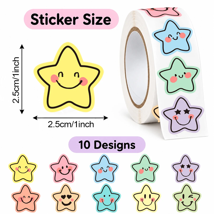 500 Pcs Star Expression Stickers Roll, 10 Designs Colorful Positive Face Labels, Self Adhesive Decorative Star Stickers