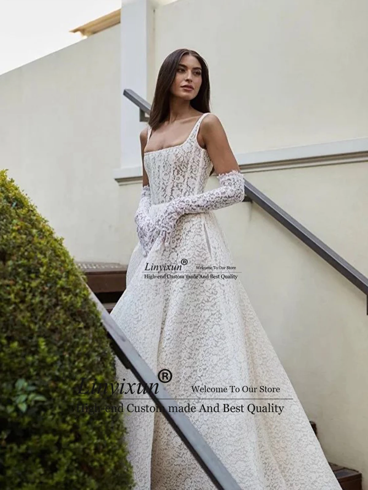 

Modern Lace Flowers Wedding Dresses For Women 2023 Square Collar Sleeveless Bridal Gowns Sweep/ Brush Train Vestido Novia Boda