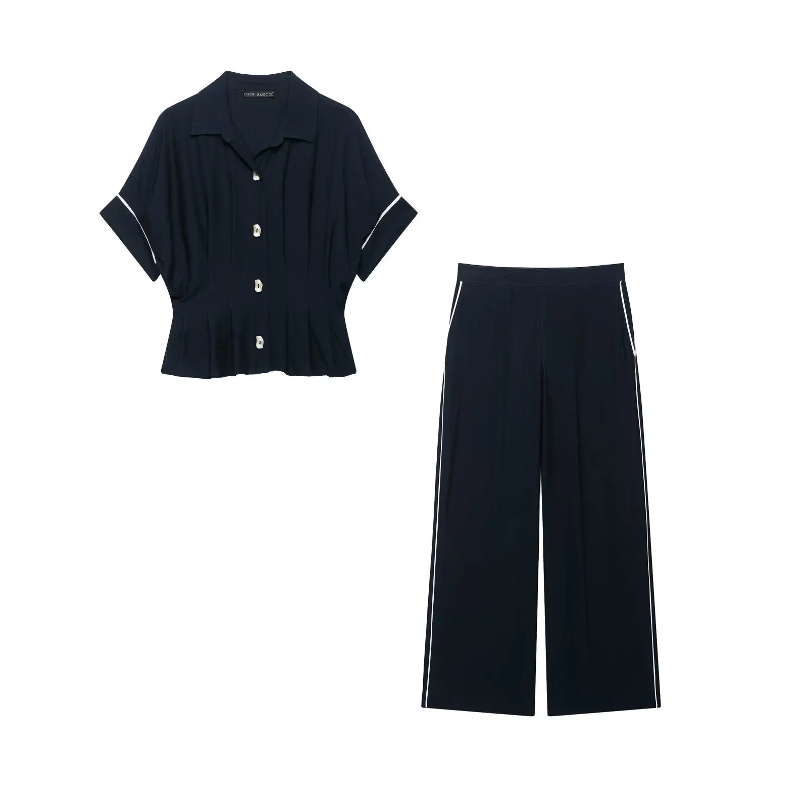 Conjunto de 2 Piezas para Mujer, Estilo Veraniego, Color Azul Marino, Camisa de Manga Corta con Botones, Pantalones Anchos de Pierna Larga, Traje Casual Vintage, Conjuntos Combinados, Faldas