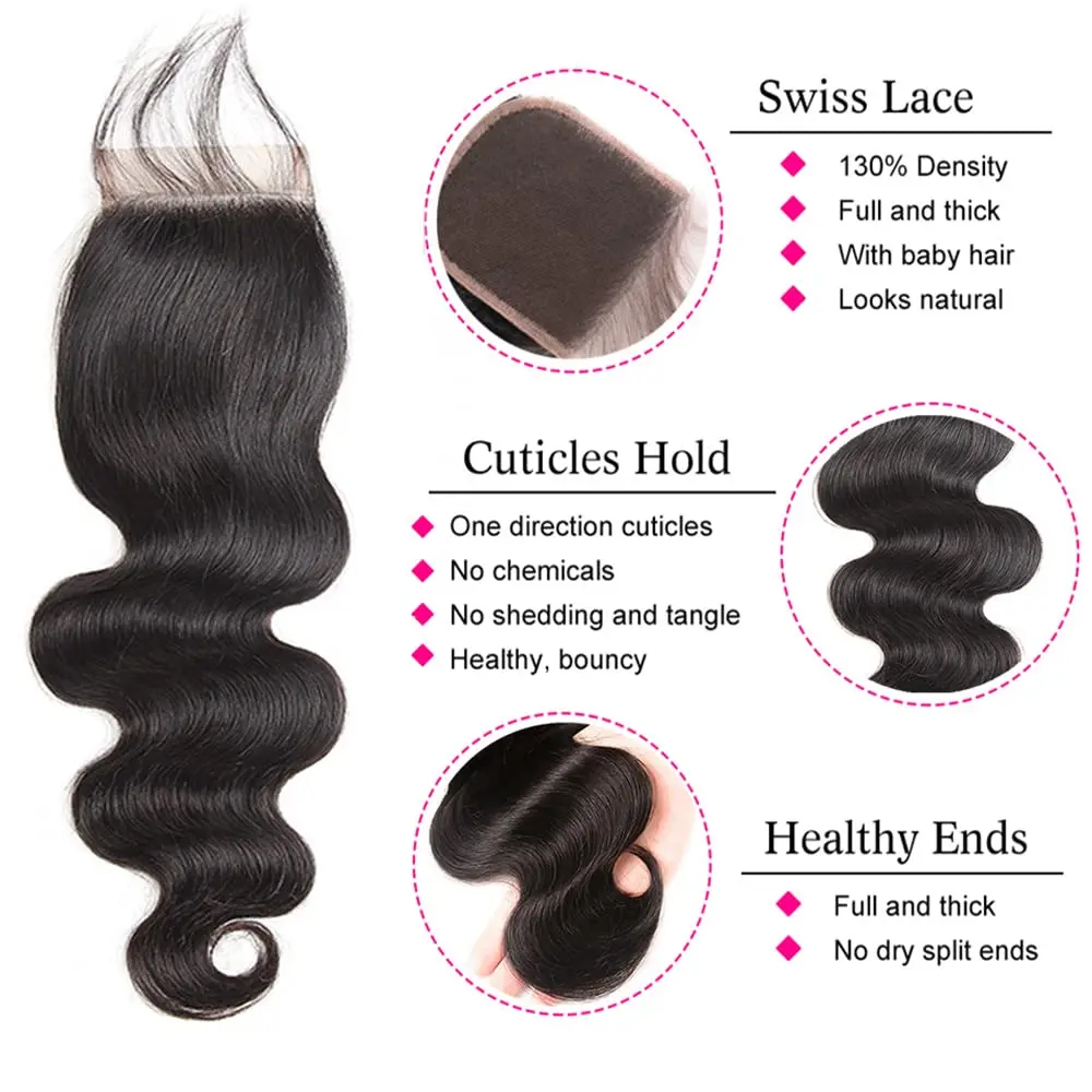 Bundles Body Wave avec fermeture à lacet, cheveux humains brésiliens, 100% cheveux humains vierges non transformés, 3 faisceaux avec fermeture à lacet HD 4tage