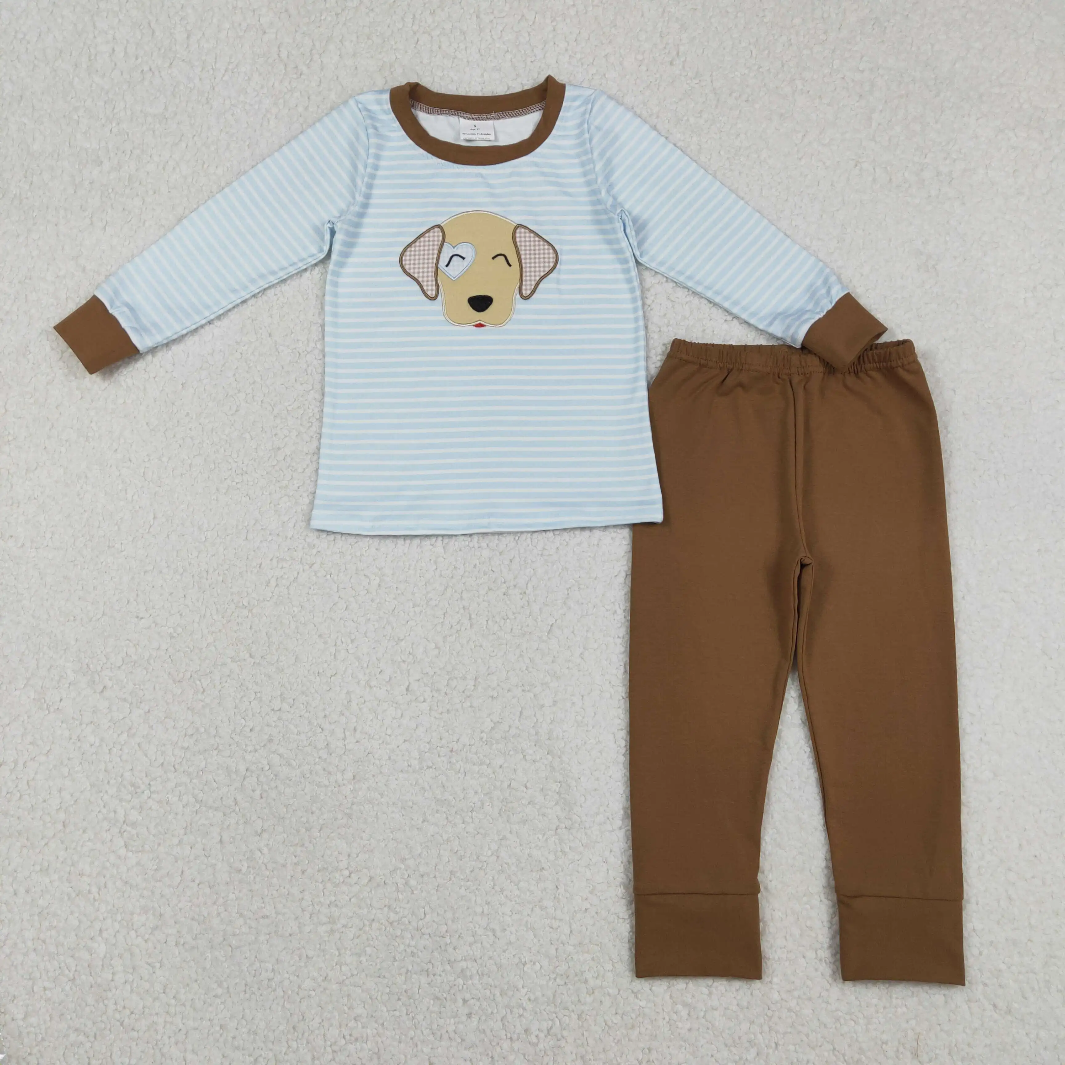 

X12.16 BLP1283 Embroidered Heart Puppy New Spring Baby Boy Set with Blue Striped Long-Sleeved Shirt and Brown Pants