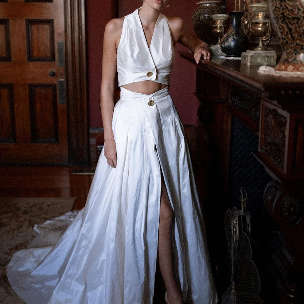 20141# Elegant Two Piece Suit Wedding Dress For Bride Women Halter Neck Bridal Gown With High Side Slit 2024