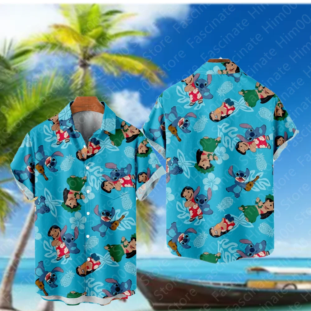 2024 Lilo & Stitch Men\'s Hawaiian Vacation Short Sleeve Shirt Lapel Button-Up Shirt T-Shirt Disney Children\'s Cartoon T-Shirt