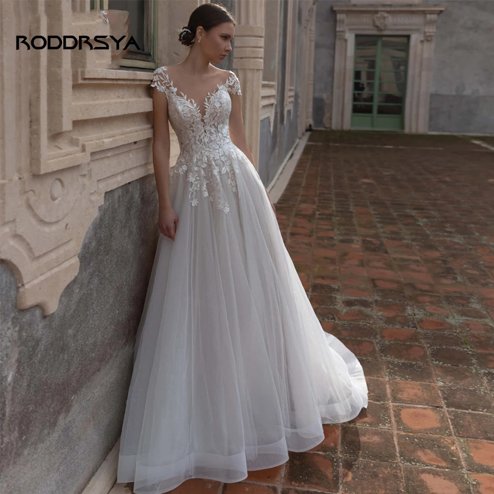 Roddrsya boné mangas rendas apliques vestidos de casamento do vintage o pescoço tule a linha vestidos de noiva vestido novia trem varredura 2023