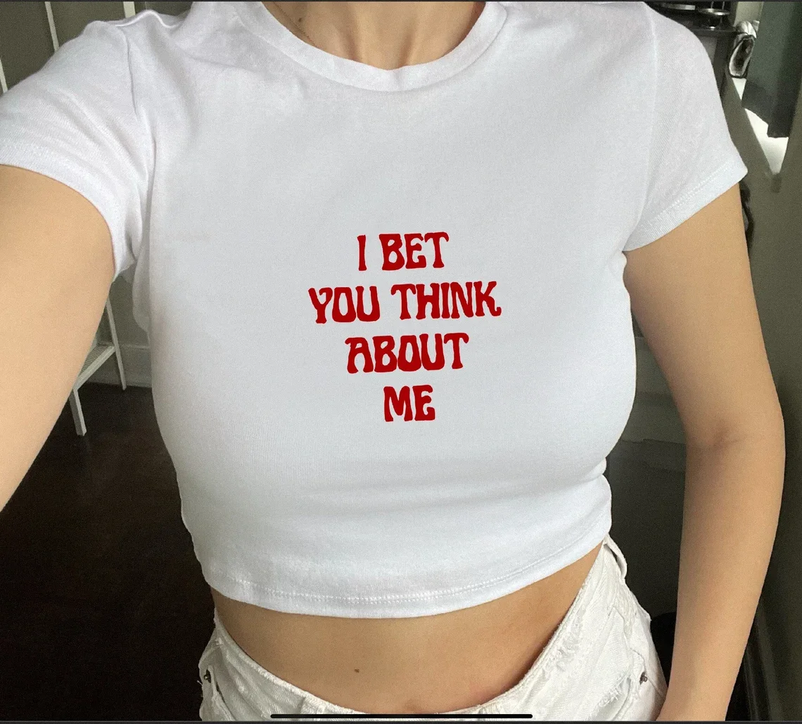 Skuggnas I Bet You Think About Me Crop Top Short Sleeved Fashion Cropped T-shirt Women Cotton t shirt Fashion tshirts Drop Ship