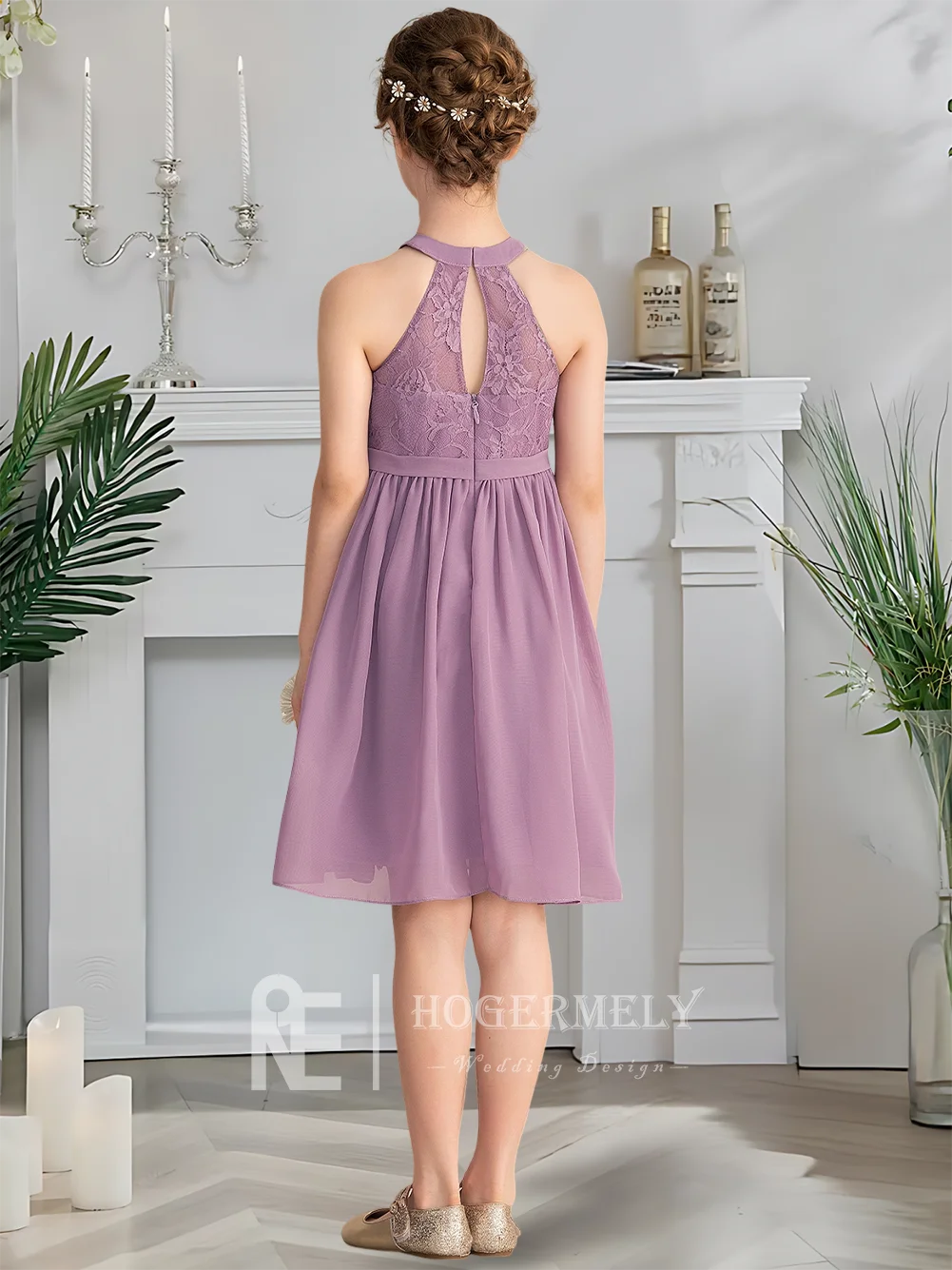 หรูหรา Halter จูเนียร์ชุดเพื่อนเจ้าสาว Royal Lavender ดอกไม้สาวชุดเข่า-ความยาวชีฟองลูกไม้ Cascading Ruffles