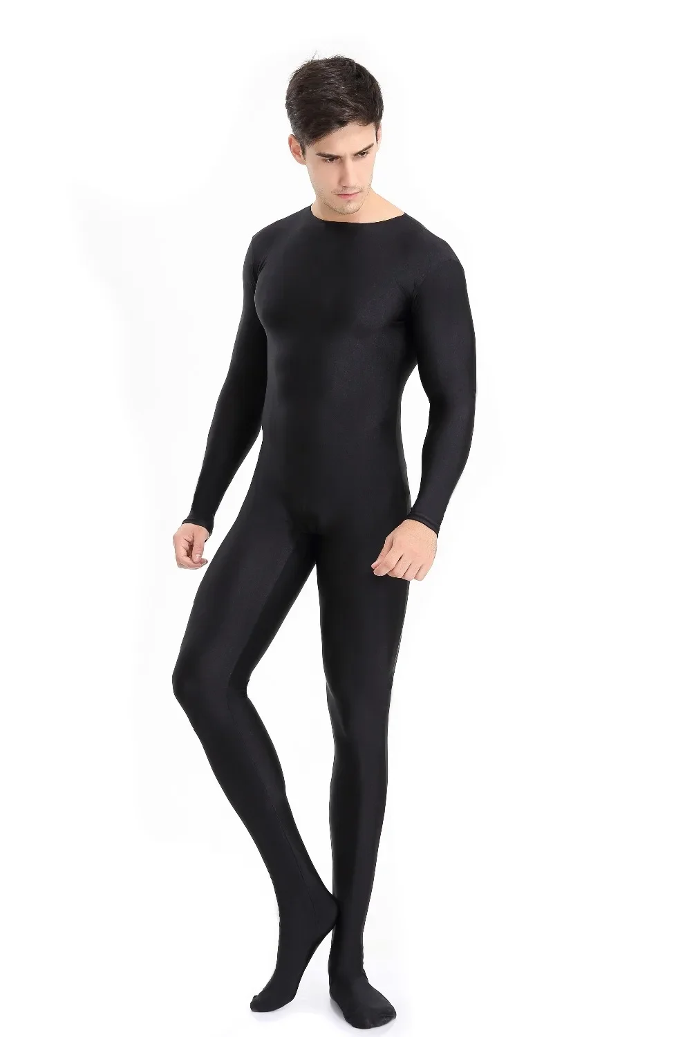Męskie całe ciało elastan Zentai garnitur czarny z długim rękawem Unitard dorosły zamek błyskawiczny z tyłu czarne stopy Cosplay body kostiumy — zdjęcie 2