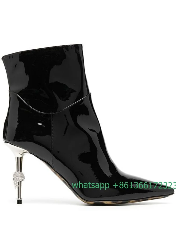 Solid Color Patent Leather Ankle Boots Metal Heel Skull Stiletto Pointed Toe Fashion Short Boots Sexy Shine/Suede Women Boots