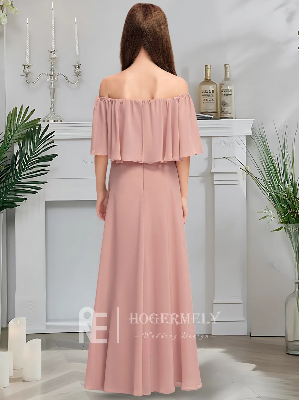 Платье подружки невесты с открытыми плечами, платье с цветочным узором для девочек, шифоновое платье длиной до пола с элегантными складками для девочек, официальное мероприятие