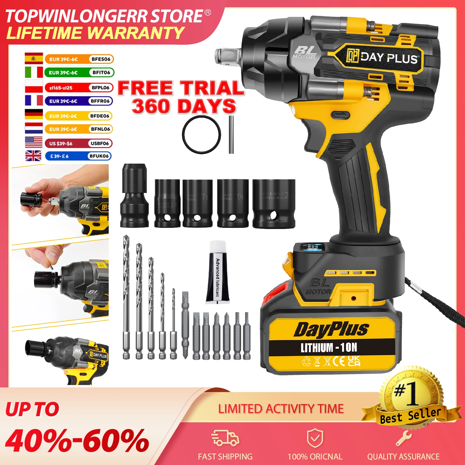 2500NM 2500W Kabelloser Elektrischer Schlagschrauber Bohrmaschine Autoreparatur Radmutternschrauber Reifenmuttern-Entferner Notfall-Set+1x oder 2x 4000mAh Akku