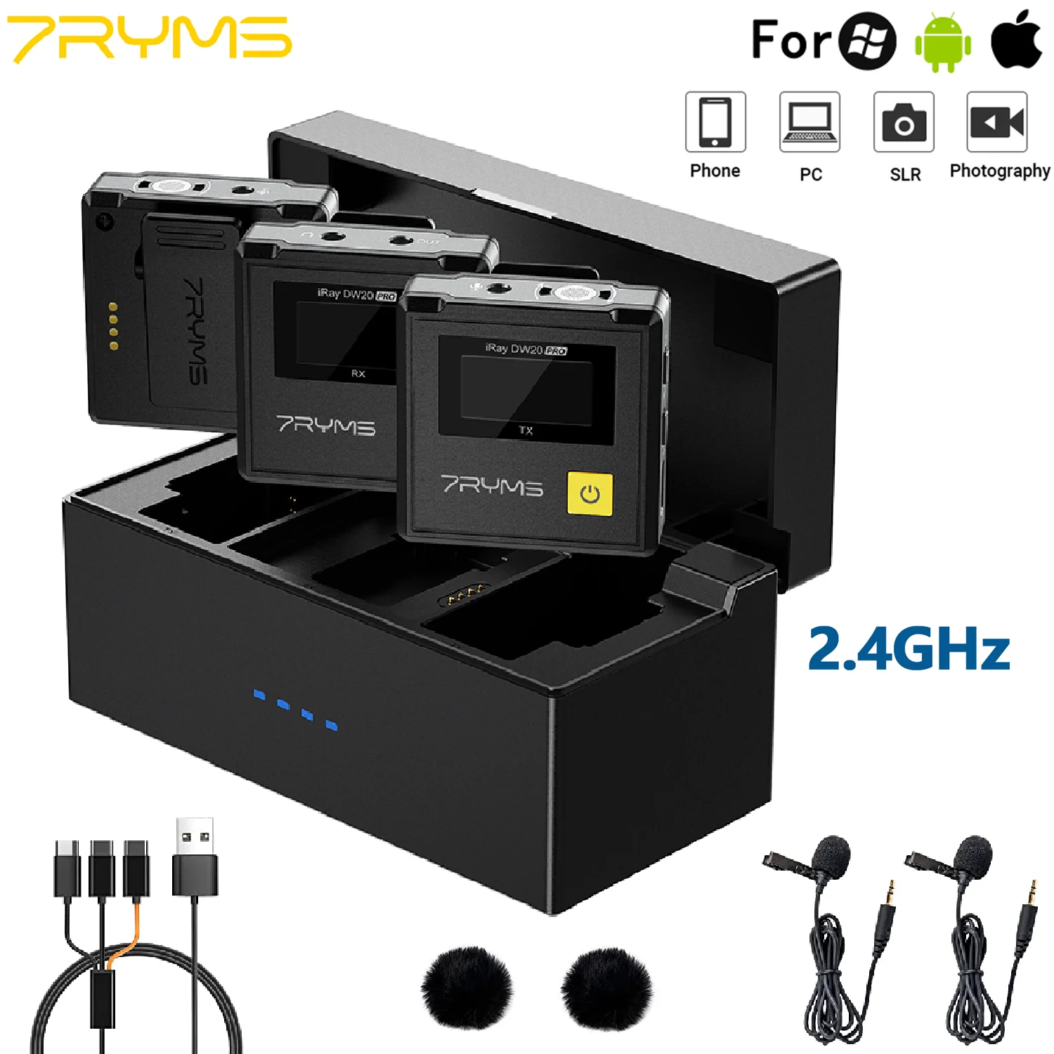 Mikrofon Lavalier Nirkabel 7RYMS IRay DW20 PRO 2.4G Mikrofon Kerah dengan Kotak Pengisi Daya untuk Ponsel Kamera YouTube Siaran Langsung Tiktok