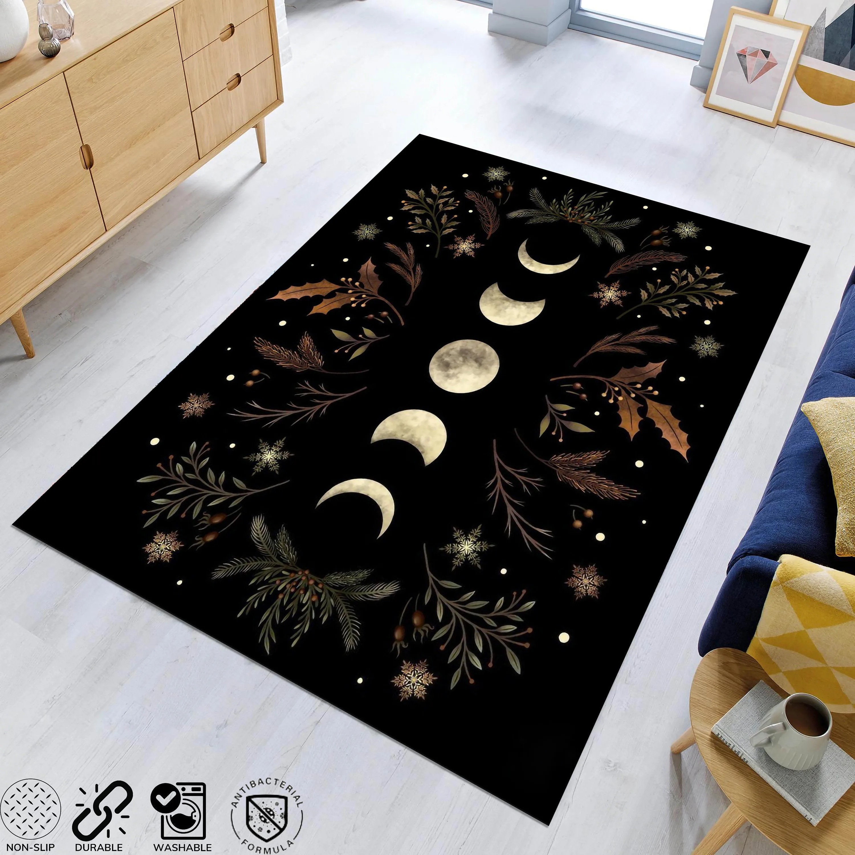 Moonlit Garden Area Rug Moon Carpet Black Based Cycle Of The Moon Floral Pattern Lunar Eclipse Astrology Starry Night Floor Mat