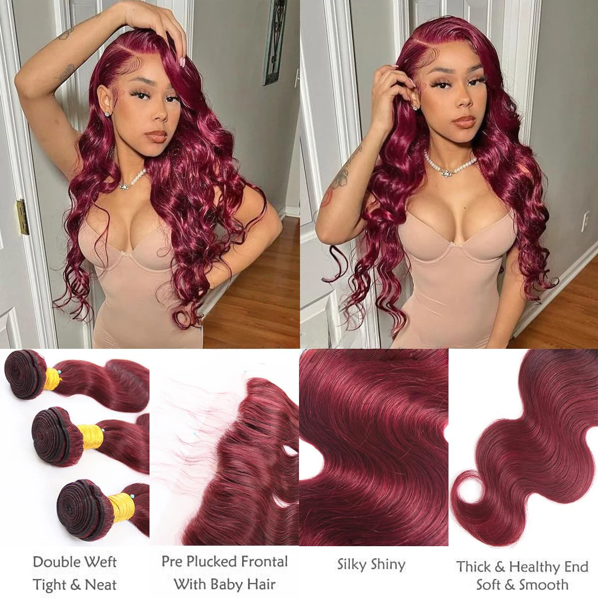 Mèches Body Wave Brésiliennes Remy, Cheveux Vierges, Bordeaux, Couleur Vin Rouge, 13x4, # 99J, 3 Lots