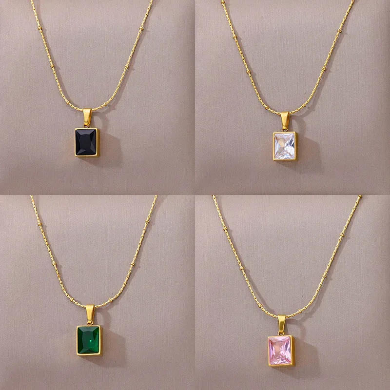 Grüne quadratische Zirkon Halskette für Frauen Gold Farbe Edelstahl Halsketten Trend weibliche