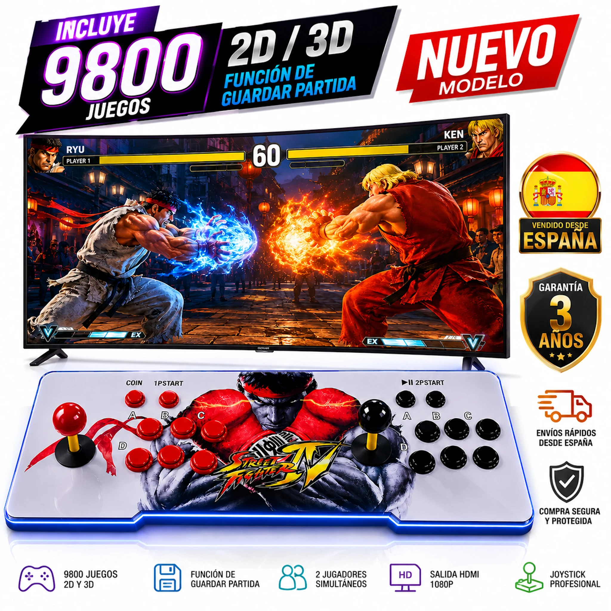 Pandora box con 9.800 Titulos, Nuevo modelo mejorado, Maquina Arcade los más recordados, Incluye 2 joysticks y 6 Botones de Juego Arcade por Cada Jugador, Conexión HDMI / VGA, Posibilidad de hasta 4 Jugadores