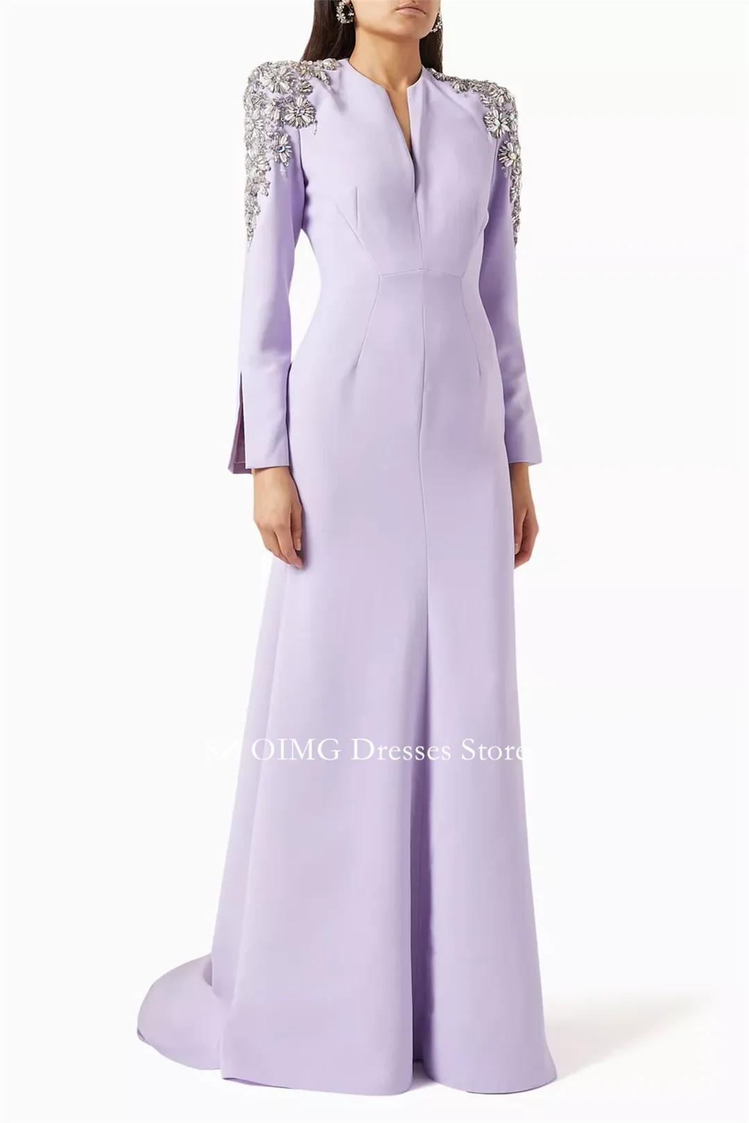 OIMG Dubai Mordern Light Purple Prom Dresses Crystals Evening Dress Customized Women Evening Gowns Formal Slit Party Dress